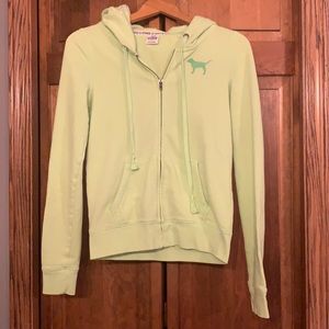 Pink Victoria’s Secret. Hooded full zip sweatshirt.  SP Green in color